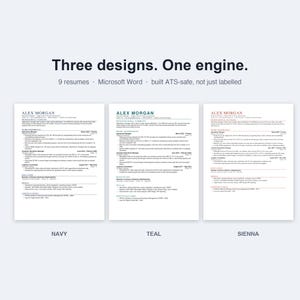 Könnte beinhalten: Drei Lebenslaufvorlagen mit der Überschrift Three designs. One engine. 9 resumes Microsoft Word built ATS-safe, not just labelled. Die Dokumente werden in den Farben Marineblau, Petrol und Sienna angezeigt, jeweils mit dem Namen Alex Morgan.