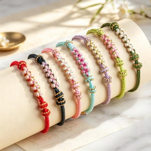 May include: A collection of seven adjustable cord bracelets featuring intricate woven patterns in red, black, pink, light blue, lavender, lime green, and dark green, each accented with small gold-toned beads and a central braided design.