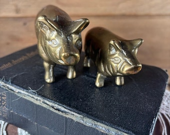 Vintage Solid Brass Pig Figurines - Pair of Rustic Hog Statues