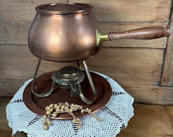 Vintage Copper Fondue Set, Mid Century Brass Stand Serveware, Portugal Made