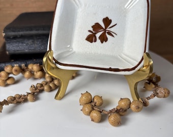 Antique Ironstone Butter Pat with Copper Tea Leaf Pattern Square Shape