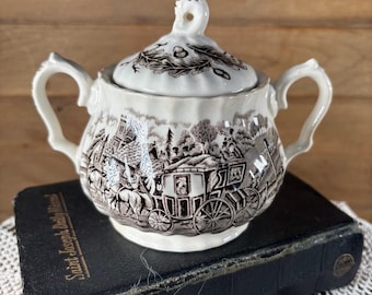 Vintage English Brown & White Transferware Sugar Bowl Pot Myott Staffordshire