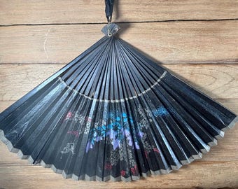 Vintage Black Folding Hand Fan Decorative Fabric Paper Wood Handheld Fan