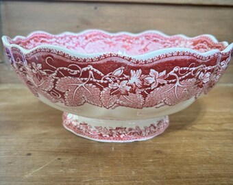 Vintage English Mason's Vista Pink Red Ironstone Footed Bowl Transferware