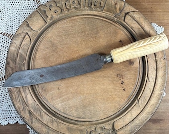 English Antique French Carved European Wood Bread Board and Bone Handle Bread Knife Set