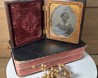 Antique Victorian Tintype Photograph in Gutta Percha Case with Ornate Brass Frame