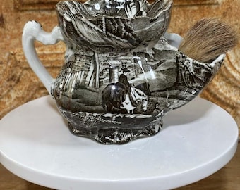 Vintage English Ironstone Shaving Mug & Brush, Brown Transferware Barbershop Decor
