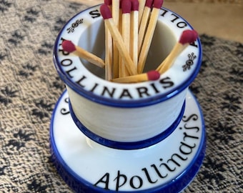 Vintage French Apollinaris Ceramic Match Striker, Antique Blue Advertising Pottery Holder