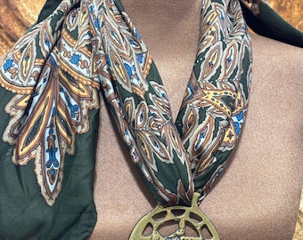 Silk Scarf Necklace with Horse Brass Medallion