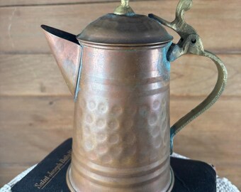 Vintage Copper Goose Neck Pitcher / Hammered with Brass Handle
