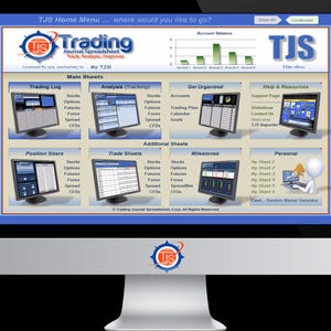 Op de afbeelding: Een computermonitor die het hoofdmenu van de Trading Journal Spreadsheet weergeeft. De interface bevat een navigatiedashboard met secties voor hoofdbladen en extra bladen, inclusief pictogrammen van monitoren, een staafdiagram en een stokfiguur.