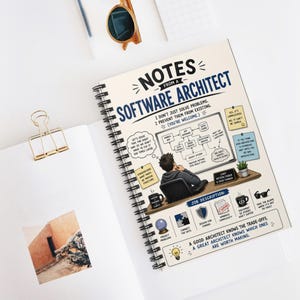 May include: A spiral-bound notebook titled Notes From A Software Architect featuring a cartoon illustration of a person at a desk with a complex system architecture diagram, various text bubbles, and icons related to software engineering tasks.