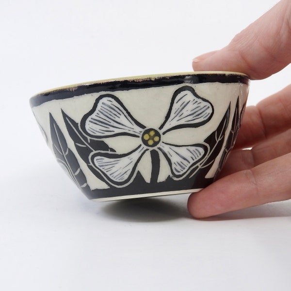 Handmade, Wheel thrown, Hand Carved, Small Sgraffito Porcelain Dogwood Flowers and Ladybug Sauce/Dip/Salt/Spice Bowl by Karen James