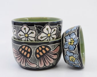 Handmade, Wheel thrown, Hand Carved, Set of Three Small Sgraffito Porcelain Flowers Sauce/Dip Bowls by Karen James