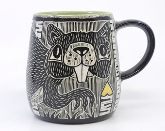 Handmade, Wheel Thrown, Sgraffito Porcelain Birch, Beaver, and Ladybug mug by Karen James