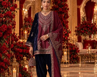 Velvet Salwar Kameez, Navy Blue Palazzo, Heavy Embroidered Pakistani Wedding Suit, Traditional Festive Outfit Velvet Suit sets