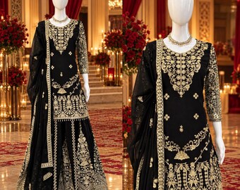 Embroidered Pakistani Sharara Suit, Luxury Wedding Outfit, Designer Ethnic Wear, Traditional Party Dress, Festive 3 Piece Salwar Kameez Set
