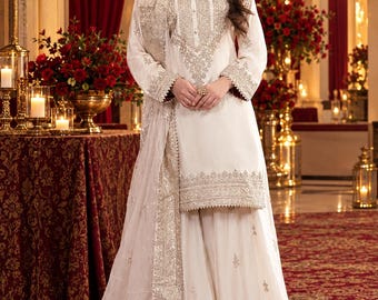 Cream Gold Sharara Suit, Embroidered Pakistani Wedding Dress, Elegant Festive Wear Kurti suir shalwar kameez