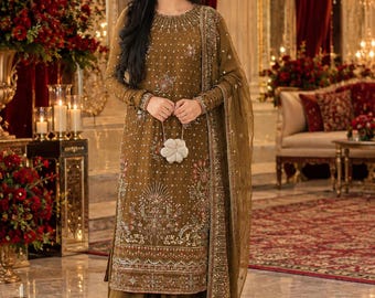 Gold Brown Embroidered Pakistani Sharara Suit, Luxury Wedding Guest Outfit, Designer Salwar Kameez with Dupatta, Elegant Indian Festive Wear