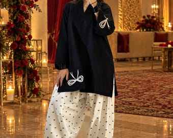 Black and White Palazzo Suit for Women, Elegant Kurta Set, Modern Pakistani Fashion Everyday Ethnic Wear, Stylish Indian Traditional Outfit