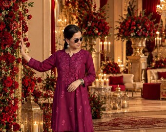 Wine Maroon Kurta Palazzo Set, Traditional Indian Festive Wear, Embroidered Suit Cotton suit sets