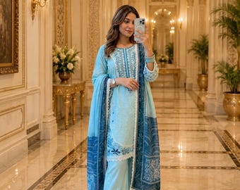 Sky Blue Pakistani Farshi Shalwar Suit Embroidered Salwar Kameez with Dupatta Designer Pakistani Dress, Festive Eid Wear Ethnic Party Outfit