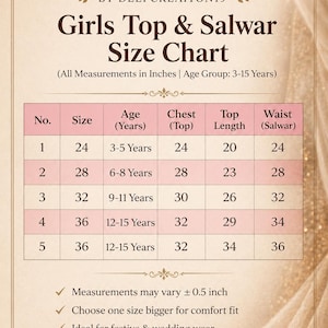 May include: A size chart for a girls top and salwar set by DEEPDESIGN 19. The chart lists sizes 24 to 36 for ages 3 to 15 years, including chest, top length, and waist measurements in inches. It features a decorative border and text notes.