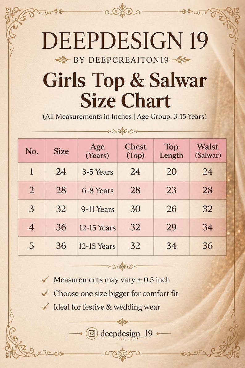 May include: A size chart for a girls top and salwar set by DEEPDESIGN 19. The chart lists sizes 24 to 36 for ages 3 to 15 years, including chest, top length, and waist measurements in inches. It features a decorative border and text notes.