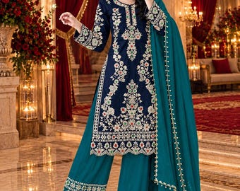 Palazzo Suit with Navy Embroidered Kurta, Multicolor Floral Work, Pakistani Wedding Dress, Elegant Indian Ethnic Wear, Festive Party Outfit