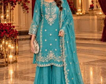 Sharara Suit with Embroidery, Pakistani Wedding Outfit, Designer Indian Ethnic Wear, Festive Party Dress, 3 Piece Salwar Kameez Set kurti