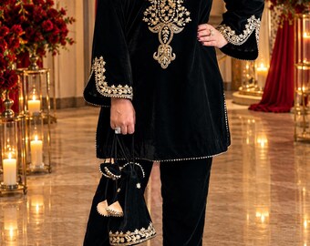 Black Velvet Salwar Kameez with Gold Embroidery, Pakistani Designer Suit, Elegant Punjabi Wedding Guest Outfit, Festive Ethnic Wear