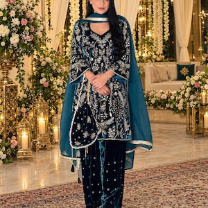 Pakistanischer Sharara-Anzug für Damen, luxuriöses, besticktes Hochzeitskleid, Eid-Outfit, Partykleidung, Salwar Kameez Anzug, Shalwar Kameez Kurti, Samtanzug