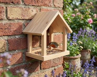 Wooden Hanging Bird Feeder Rustic Outdoor Bird Feeder House Garden Bird Feeding Station Patio Backyard Wild Bird Decor Gift