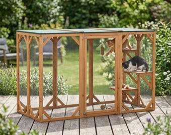 Outdoor Wooden Catio Cat House Weatherproof Cat Enclosure with Climbing Platforms Large Cat Run Feral Cat Shelter Playpen