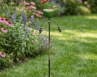 Hummingbird Bird Bath Garden Stake, Metal Bird Feeder Bowl, Outdoor Garden Bird Bath, Decorative Yard Ornament, Wild Bird Feeder