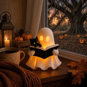 May include: A white ghost-shaped lamp with an internal warm glow, featuring a small black cat perched on its shoulder while holding an open black book. The ghost has two oval-shaped eye cutouts that emit light, creating a soft, illuminated appearance.