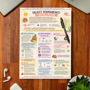 May include: An educational infographic titled Object Permanence: The Full Picture, featuring text and illustrations about cognitive processes. A black pen rests on the paper, which is surrounded by a laptop, tablet, earbuds, and a small succulent plant.
