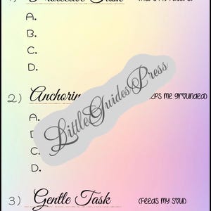 May include: A planner page with a pastel gradient background featuring the text Tiny Planner, For dopamine-hungry, task-avoidant souls, Protective Task, Helps my future, Anchoring, Keeps me grounded, Gentle Task, Feeds my soul, and Little Guides Press.