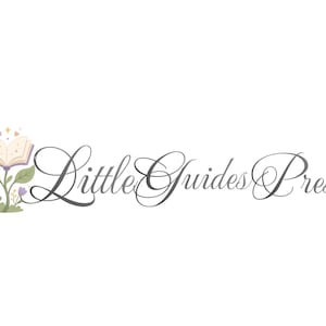 May include: A logo featuring the text Little Guides Press in a dark grey cursive script. To the left is an illustration of an open book with pages forming a flower shape, supported by a green stem with leaves and small colourful flowers at the base.