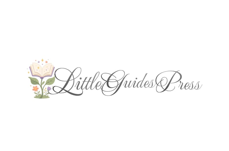 May include: A logo featuring the text Little Guides Press in a dark grey cursive script. To the left is an illustration of an open book with pages forming a flower shape, supported by a green stem with leaves and small colourful flowers at the base.