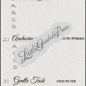 May include: A white paper planner page titled Tiny Planner with the subtitle For dopamine-hungry, task-avoidant souls. It features three numbered sections: Protective Task, Anchorin, and Gentle Task, each with four lettered lines.