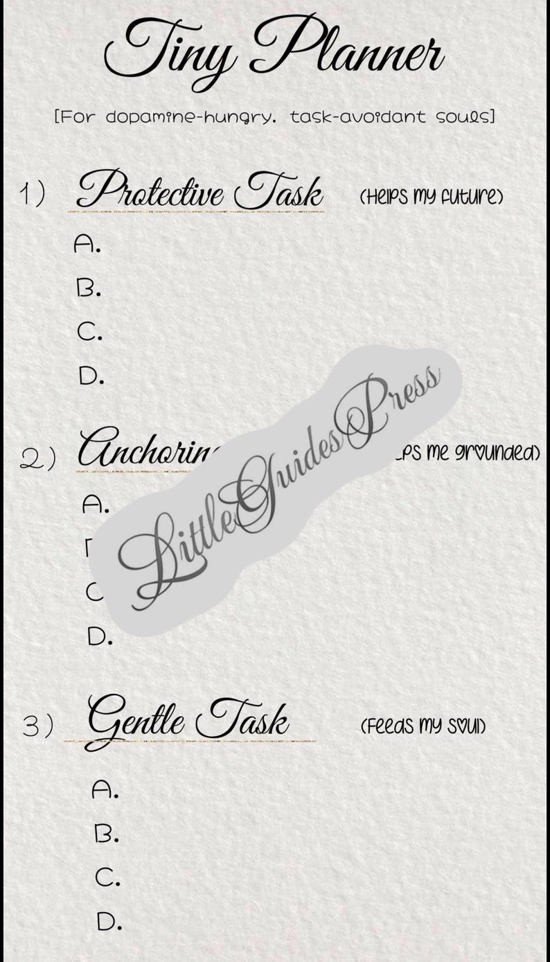 May include: A white paper planner page titled Tiny Planner with the subtitle For dopamine-hungry, task-avoidant souls. It features three numbered sections: Protective Task, Anchorin, and Gentle Task, each with four lettered lines.