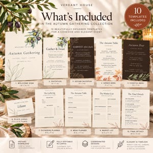 May include: A collection of 10 printable event templates titled Autumn Gathering, including a welcome sign, invitations, menus, place cards, and planners. Each template features botanical illustrations and text on cream or dark brown backgrounds.