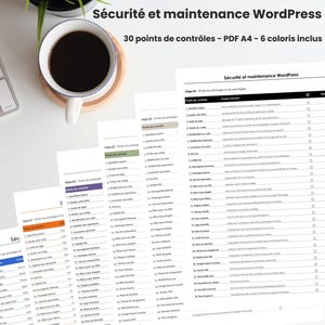 Peut inclure: Un document de liste de contrôle pour la sécurité et la maintenance WordPress au format A4, comprenant 30 points de contrôle. Le document est disponible en six coloris distincts, présenté sous forme de pile de feuilles avec du texte noir.