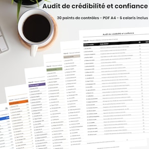 以下が含まれることがあります： Audit de crédibilité et confianceと題されたデジタル監査チェックリスト文書。30の管理項目があり、A4サイズのPDFページで6色のバリエーションで構成されています。文書には管理項目、説明、メモ用のチェックボックスの列が含まれています。