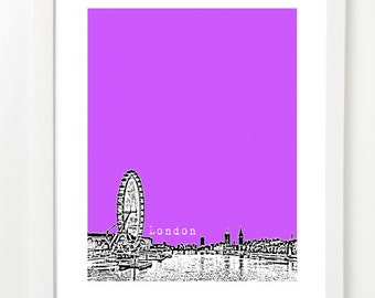 London England London Eye  - London Eye City Skyline Art Print - London Skyline