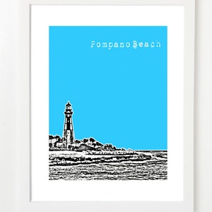 Pompano Beach Florida Art Print Pompano Beach City Skyline Poster Hillsboro Lighthouse image 1