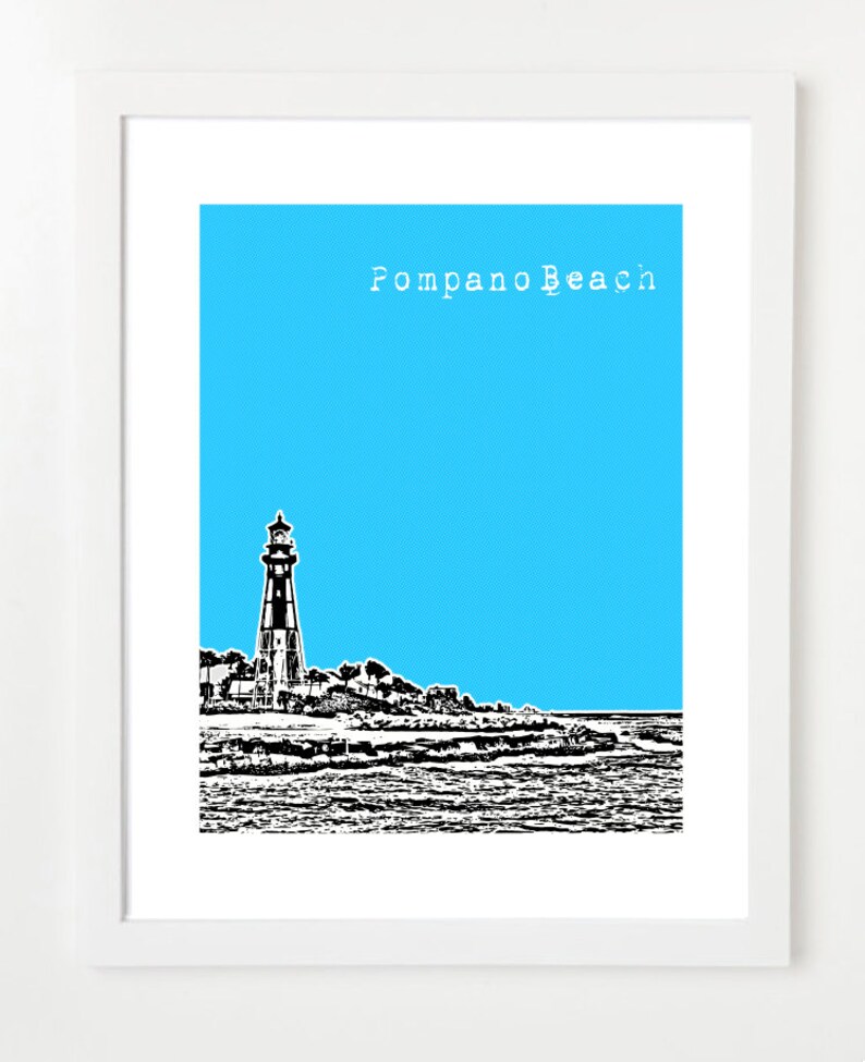 Pompano Beach Florida Art Print Pompano Beach City Skyline Poster Hillsboro Lighthouse image 1