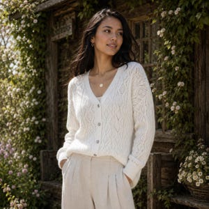 Textured Knit V-Neck Cardigan | Lightweight Button Front Sweater | Women's Acrylic Knitwear
