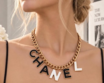 Vintage Chanel Gold Tone Chain Necklace Black & White Enamel Letter Charm Statement Necklace